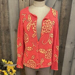 Talbots Petite Medium Embroidered Floral Cotton Cardigan Coral V Neck Sweater
